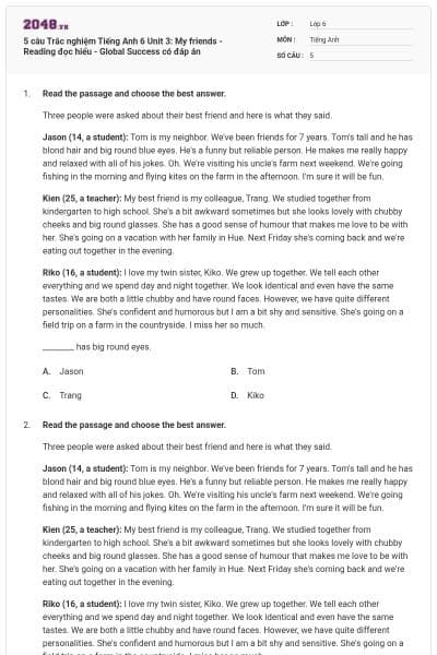 5 câu Trắc nghiệm Tiếng Anh 6 Unit 3: My friends - Reading đọc hiểu - Global Success có đáp án