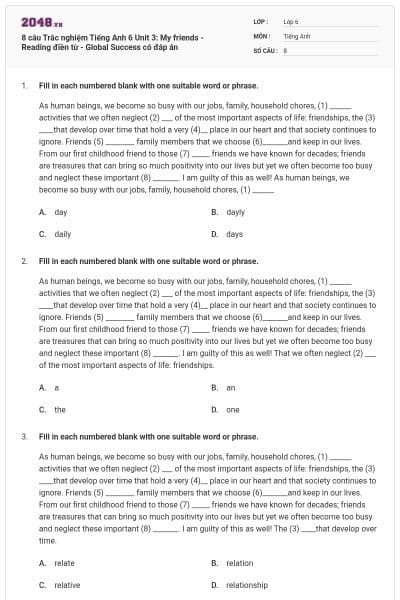 8 câu Trắc nghiệm Tiếng Anh 6 Unit 3: My friends - Reading điền từ - Global Success có đáp án