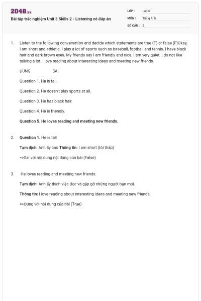 Bài tập trắc nghiệm Unit 3 Skills 2 - Listening có đáp án