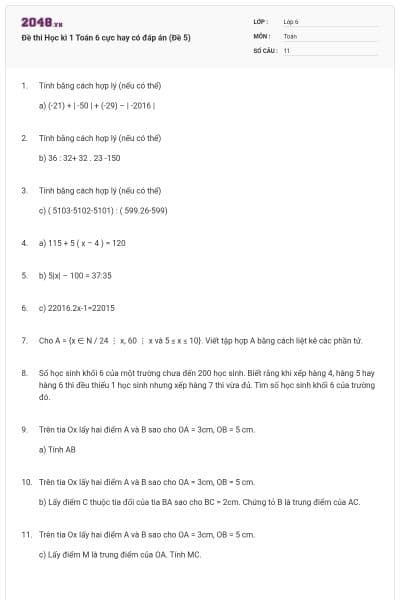 Đề thi Học kì 1 Toán 6 cực hay có đáp án (Đề 5)