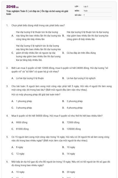 Trắc nghiệm Toán 5 ( có đáp án ) Ôn tập và bổ sung về giải toán