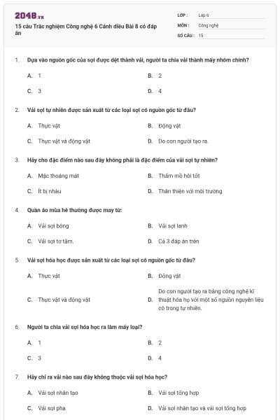 15 câu Trắc nghiệm Công nghệ 6 Cánh diều Bài 8 có đáp án