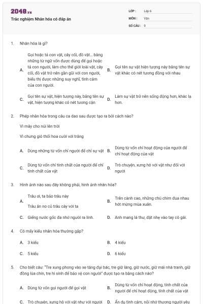 Trắc nghiệm Nhân hóa có đáp án