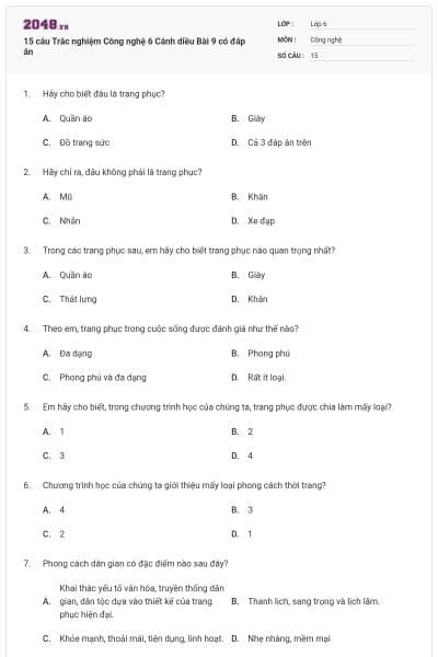 15 câu Trắc nghiệm Công nghệ 6 Cánh diều Bài 9 có đáp án