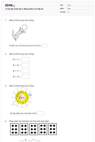 12 bài tập Toán lớp 3: Bảng nhân 6 có đáp án