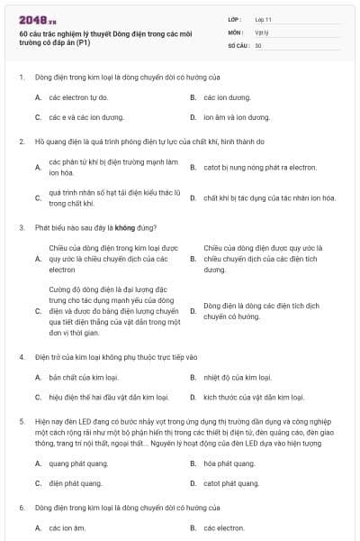 60 câu trắc nghiệm lý thuyết Dòng điện trong các môi trường có đáp án (P1)
