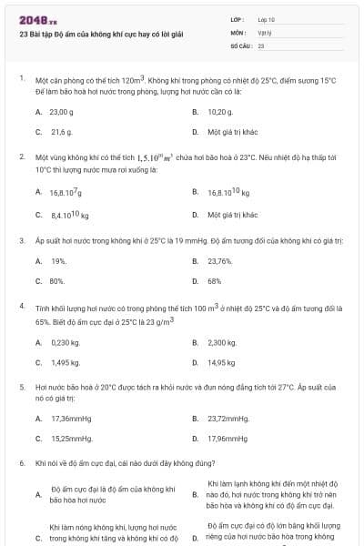 23 Bài tập Độ ẩm của không khí cực hay có lời giải
