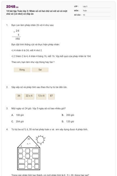 10 bài tập Toán lớp 3: Nhân số có hai chữ số với số có một chữ số (có nhớ) có đáp án
