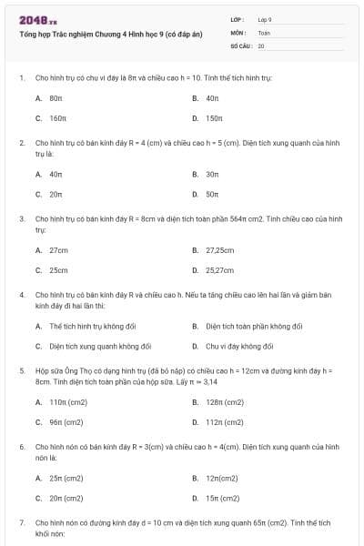 Tổng hợp Trắc nghiệm Chương 4 Hình học 9 (có đáp án)