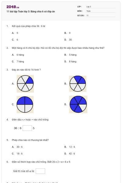 11 bài tập Toán lớp 3: Bảng chia 6 có đáp án