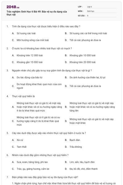 Trắc nghiệm Sinh Học 6 Bài 49: Bảo vệ sự đa dạng của thực vật