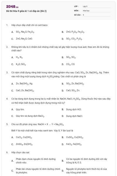 Đề thi Hóa 9 giữa kì 1 có đáp án (Đề 2)