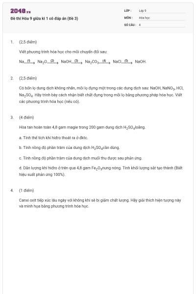 Đề thi Hóa 9 giữa kì 1 có đáp án (Đề 3)
