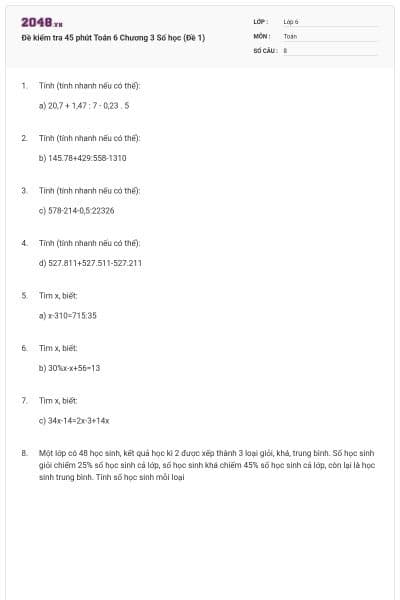Đề kiểm tra 45 phút Toán 6 Chương 3 Số học (Đề 1)