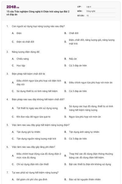 15 câu Trắc nghiệm Công nghệ 6 Chân trời sáng tạo Bài 2 có đáp án