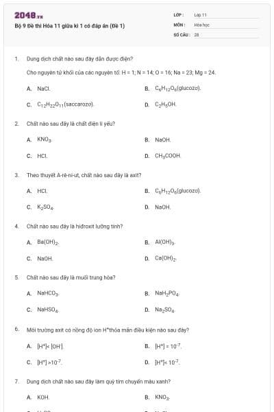 Bộ 9  Đề thi Hóa 11 giữa kì 1 có đáp án (Đề 1)