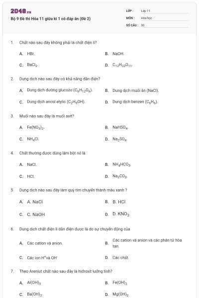 Bộ 9 Đề thi Hóa 11 giữa kì 1 có đáp án (Đề 2)