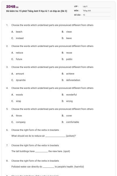 Đề kiểm tra 15 phút Tiếng Anh 9 Học kì 1 có đáp án (Đề 3)