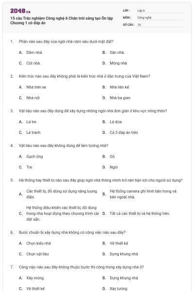 15 câu Trắc nghiệm Công nghệ 6 Chân trời sáng tạo Ôn tập Chương 1 có đáp án