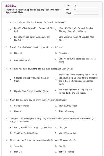 Trắc nghiệm Ngữ Văn lớp 11: (có đáp án) Tuần 5 Vài nét về Nguyễn Đình Chiểu