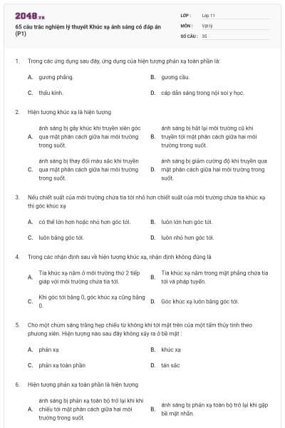 65 câu trắc nghiệm lý thuyết Khúc xạ ánh sáng có đáp án (P1)