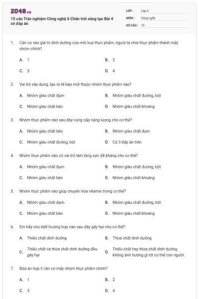 15 câu Trắc nghiệm Công nghệ 6 Chân trời sáng tạo Bài 4 có đáp án