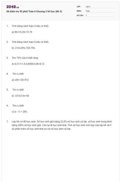 Đề kiểm tra 45 phút Toán 6 Chương 3 Số học (Đề 3)