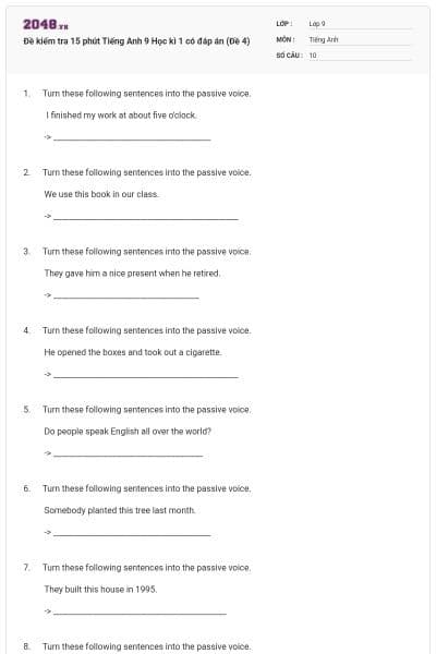 Đề kiểm tra 15 phút Tiếng Anh 9 Học kì 1 có đáp án (Đề 4)