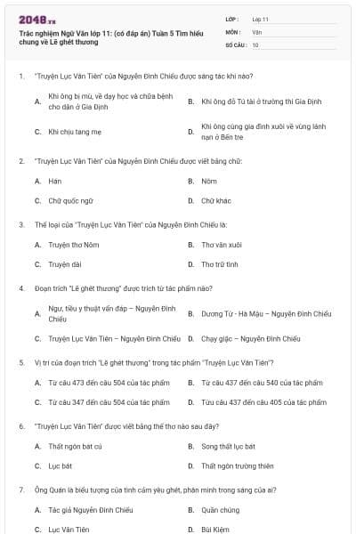 Trắc nghiệm Ngữ Văn lớp 11: (có đáp án) Tuần 5 Tìm hiểu chung về Lẽ ghét thương