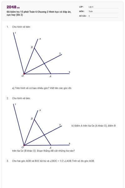 Đề kiểm tra 15 phút Toán 6 Chương 2 Hình học có đáp án, cực hay (Đề 2)