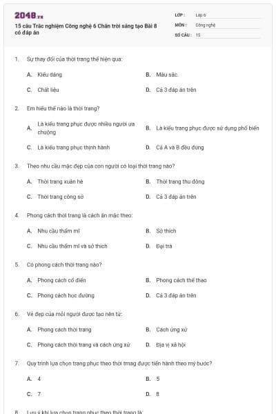 15 câu Trắc nghiệm Công nghệ 6 Chân trời sáng tạo Bài 8 có đáp án