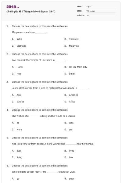 Đề thi giữa kì 1 Tiếng Anh 9 có đáp án (Đề 1)