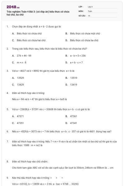 Trắc nghiệm Toán 4 Bài 3: (có đáp án) biểu thức có chứa hai chữ, ba chữ