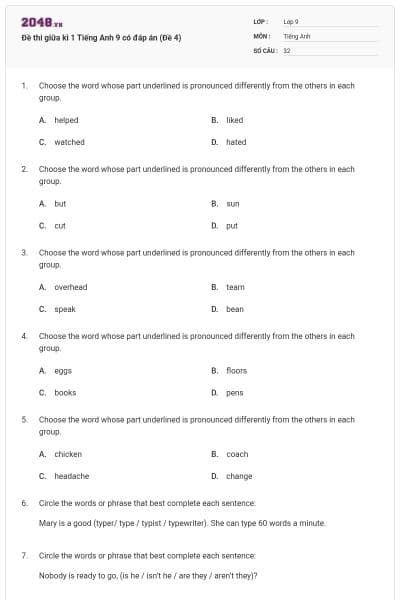 Đề thi giữa kì 1 Tiếng Anh 9 có đáp án (Đề 4)