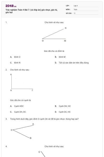 Trắc nghiệm Toán 4 Bài 7: (có đáp án) góc nhọn, góc tù, góc bẹt