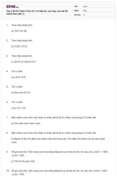 Top 5 Đề thi Toán 6 Học kì 2 có đáp án, cực hay, cực sát đề chính thức (Đề 1)