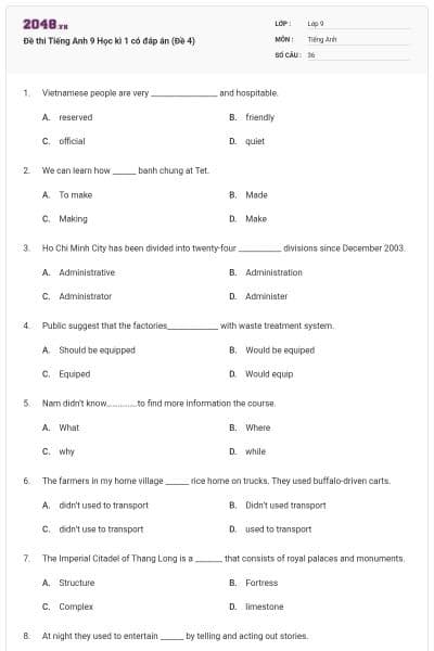 Đề thi Tiếng Anh 9 Học kì 1 có đáp án (Đề 4)