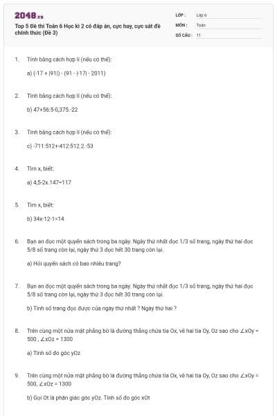 Top 5 Đề thi Toán 6 Học kì 2 có đáp án, cực hay, cực sát đề chính thức (Đề 3)
