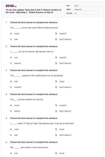 18 câu Trắc nghiệm Tiếng Anh 6 Unit 5: Natural wonders of the world - Ngữ pháp 2 - Global Success có đáp án