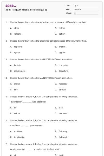 Đề thi Tiếng Anh 8 Học kì 2 có đáp án (Đề 3)
