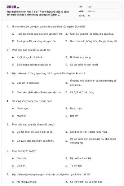 Trắc nghiệm Sinh Học 7 Bài 17: (có đáp án) Một số giun đốt khác và đặc điểm chung của ngành (phần 2)