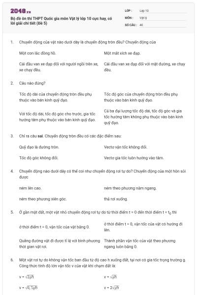 Bộ đề ôn thi THPT Quốc gia môn Vật lý lớp 10 cực hay, có lời giải chi tiết (Đề 5)