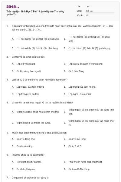 Trắc nghiệm Sinh Học 7 Bài 18: (có đáp án) Trai sống (phần 2)