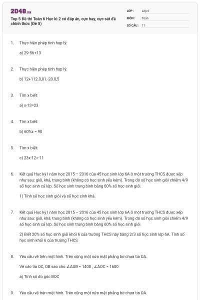 Top 5 Đề thi Toán 6 Học kì 2 có đáp án, cực hay, cực sát đề chính thức (Đề 5)