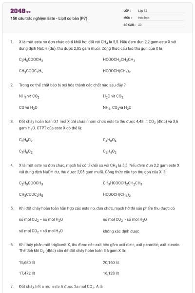150 câu trắc nghiệm Este - Lipit cơ bản (P7)
