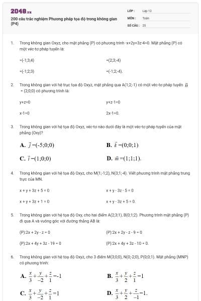 200 câu trắc nghiệm Phương pháp tọa độ trong không gian (P4)