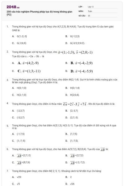 200 câu trắc nghiệm Phương pháp tọa độ trong không gian (P2)