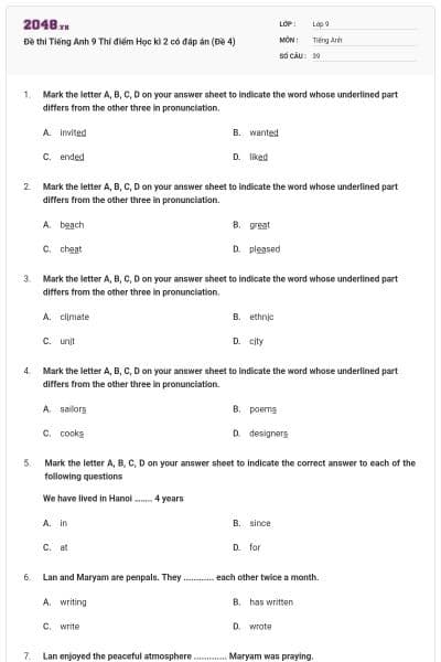 Đề thi Tiếng Anh 9 Thí điểm Học kì 2 có đáp án (Đề 4)