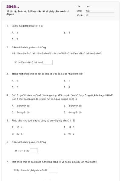 17 bài tập Toán lớp 3: Phép chia hết và phép chia có dư có đáp án