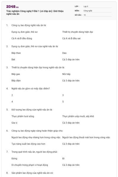 Trắc nghiệm Công nghệ 9 Bài 1 (có đáp án): Giới thiệu nghề nấu ăn